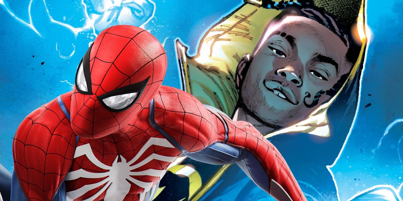 Image of Static from DC's 2021 comic book series, with an image of Peter Parker in his Spider-Man costume from Marvel's Spider-Man pasted to the left.