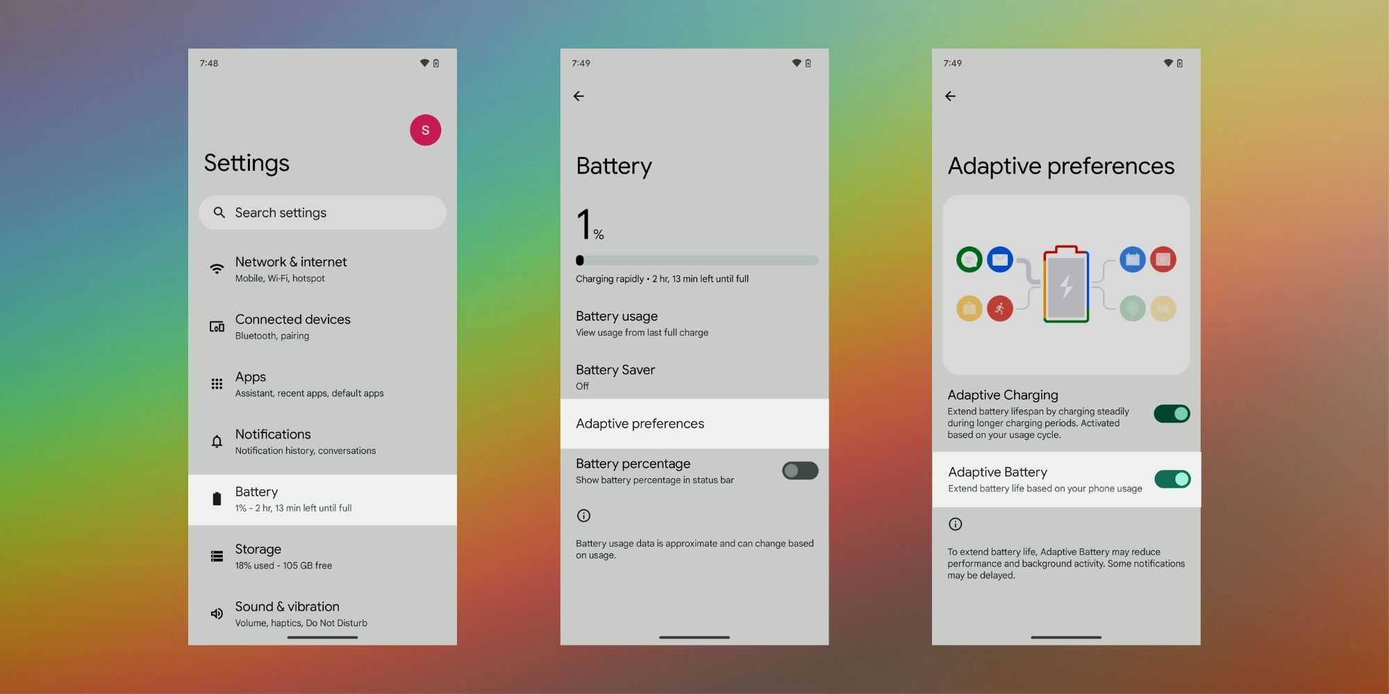 screenshots of steps to enable Adaptive Charging on the Pixel 7 on a colorful background