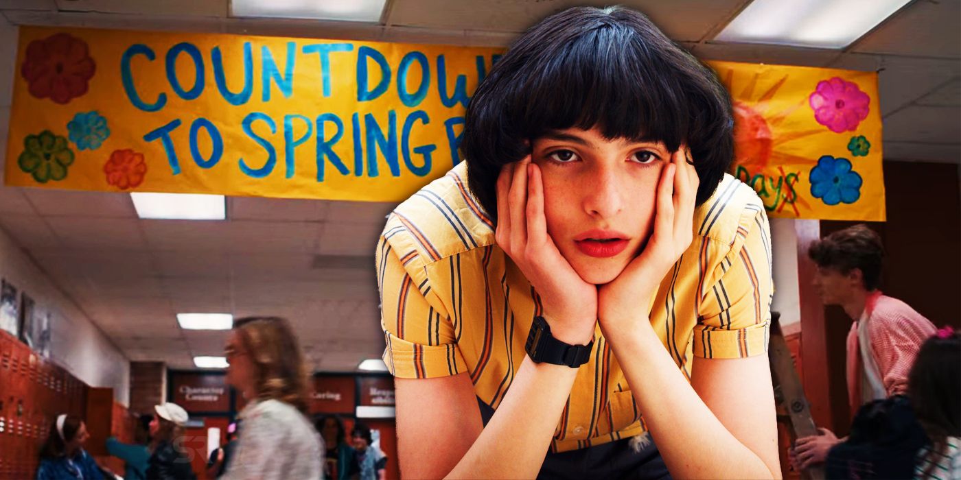 Stranger Things Mike and school banner counting down to Spring Break 