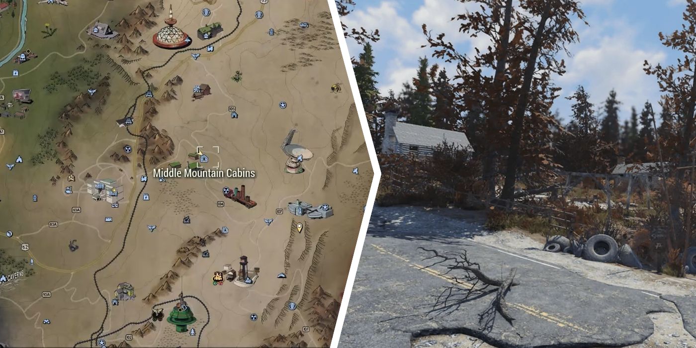 Street View e localização do mapa das cabines da The Middle Mountain em Fallout 76