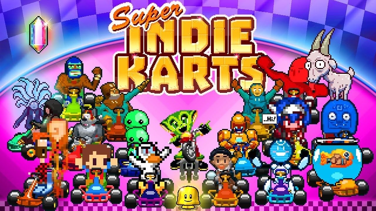Super Indie Kart key art showing many characters and its title.