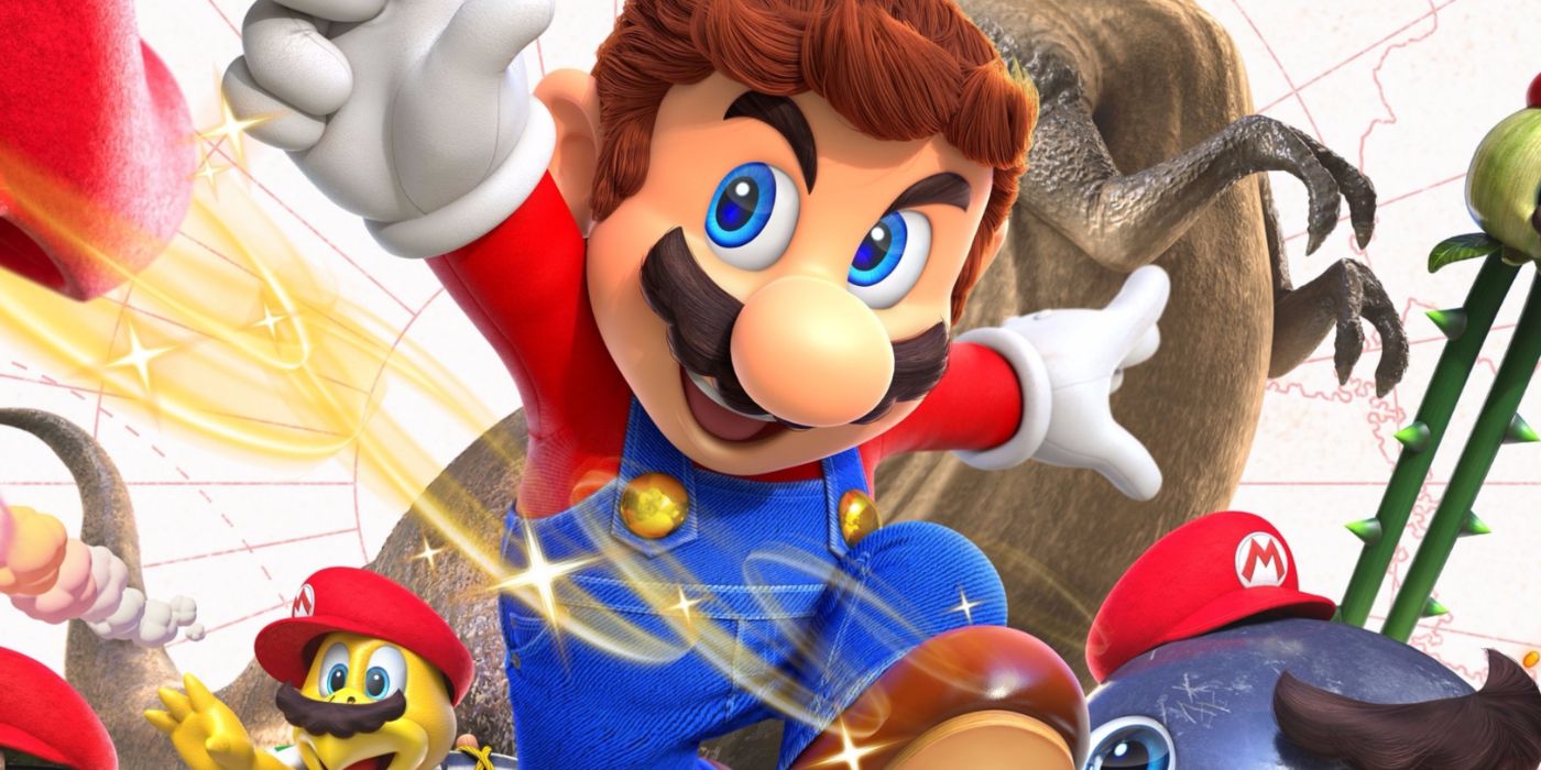 Seni kunci Super Mario Odyssey menampilkan Mario dan berbagai karakter di latar belakang.