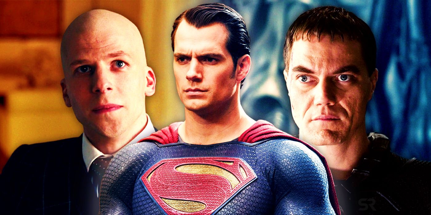 Split Image: Lex Luthor (Jesse Eisenberg); Superman (Henry Cavill); General Zod (Michael Shannon)
