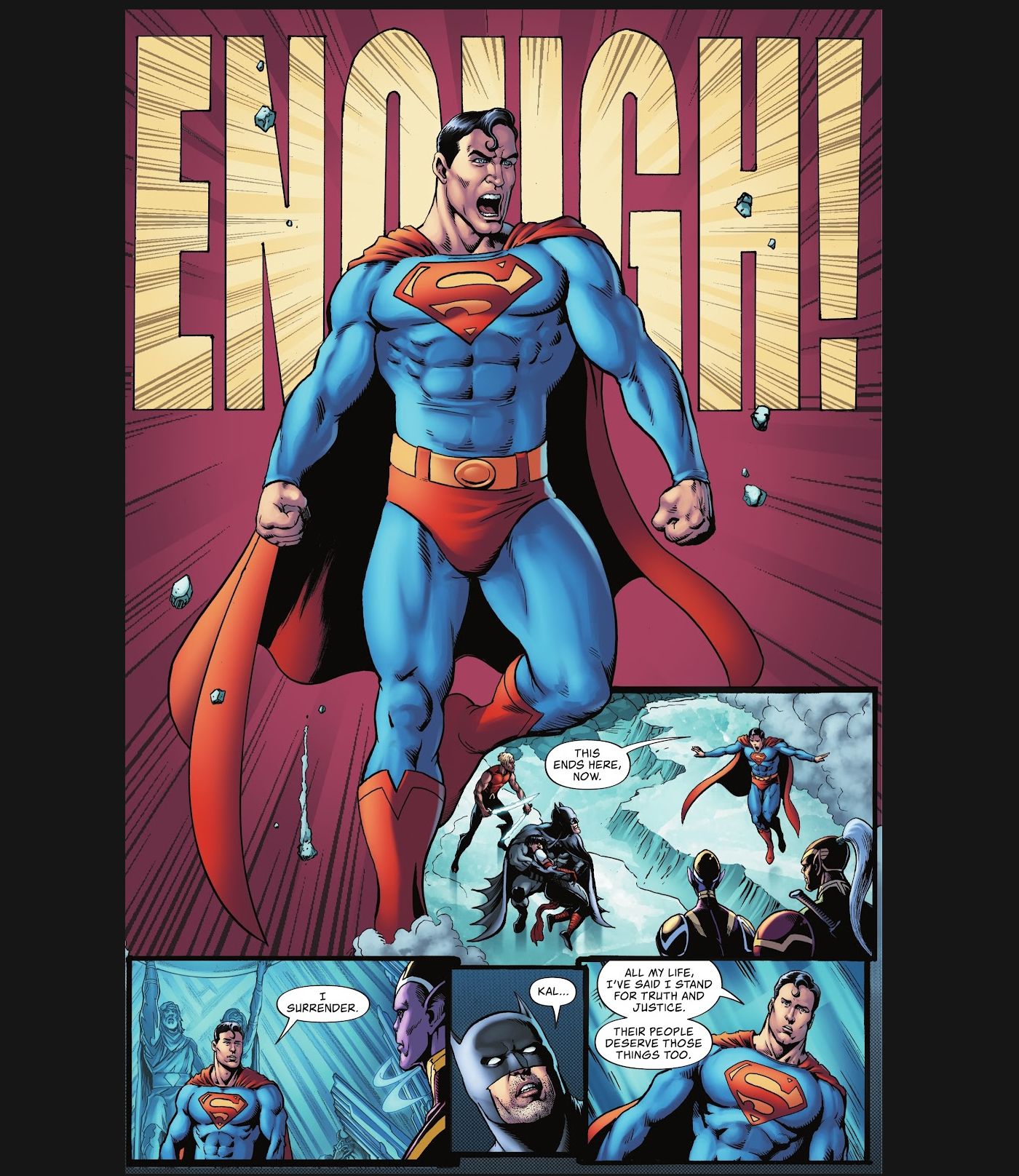 Superman shouts "ENOUGH!" to stop Batman and the invaders from fighting.