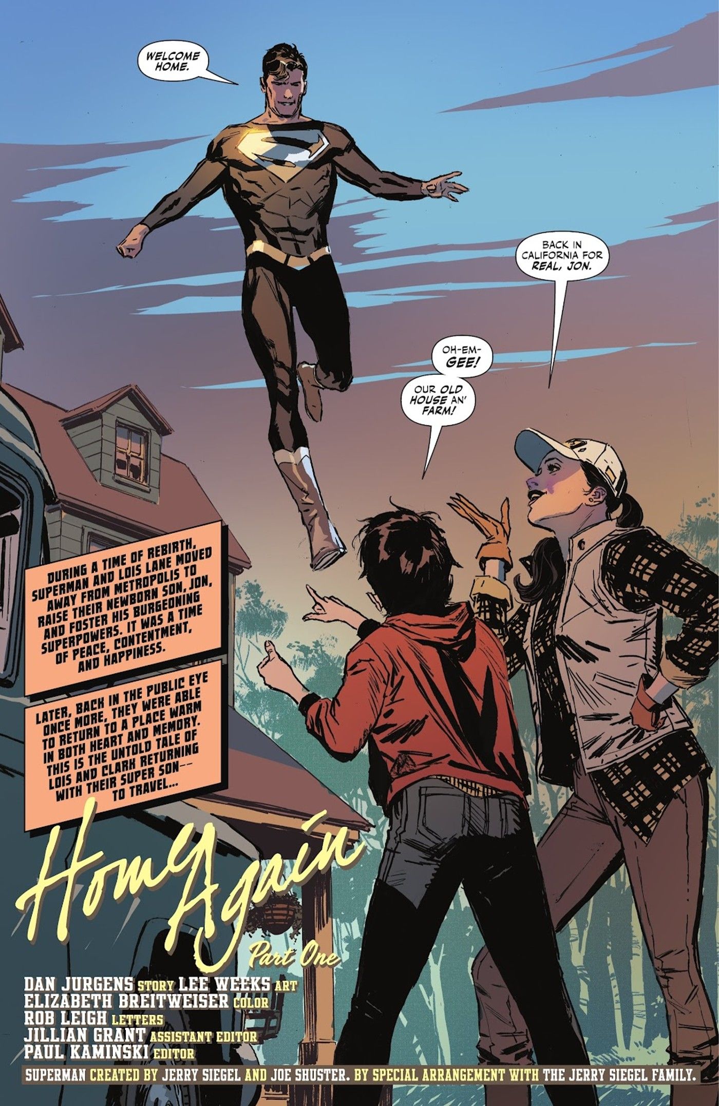 Superman em um traje preto descendo para encontrar Lois Lane e o jovem Jon Kent