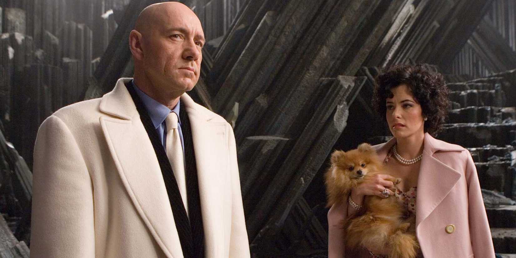 Superman Returns Kevin Spacey as Lex Luthor and Parker Posey standing calmly in the fortress of solitude