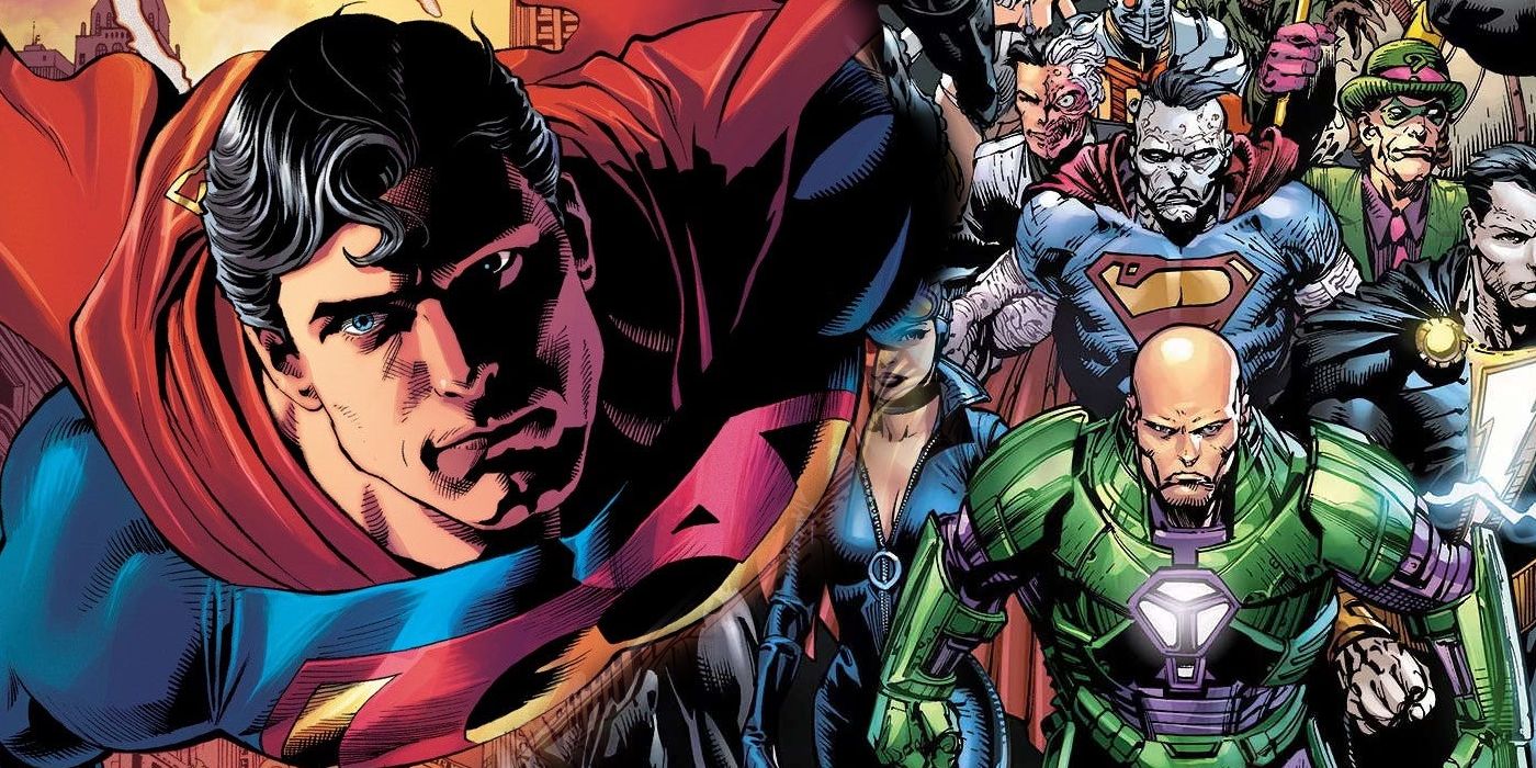 Imagem dividida: Superman voando por uma rua;  Rogues Galeria de vilões da DC, incluindo Lex Luthor, Bizarro, Catwoman, Duas-Caras, Adão Negro e o Charada