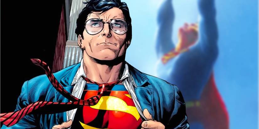 Comic book art: Superman wearing his Clark Kent glasses in front of Superman flying.