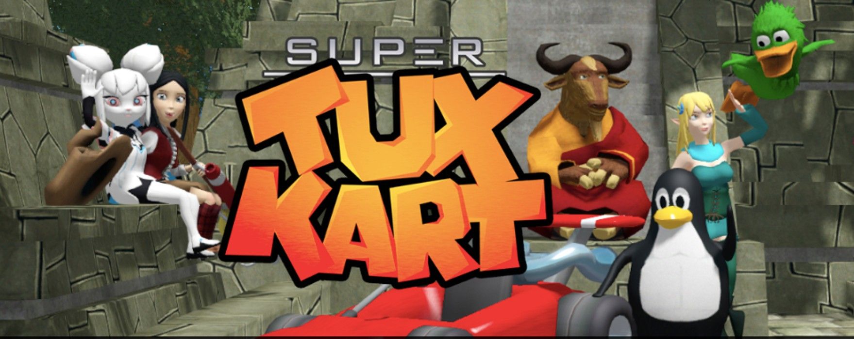 SuperTuxKart title with the Linux penguin in front and other characters surrounding it.