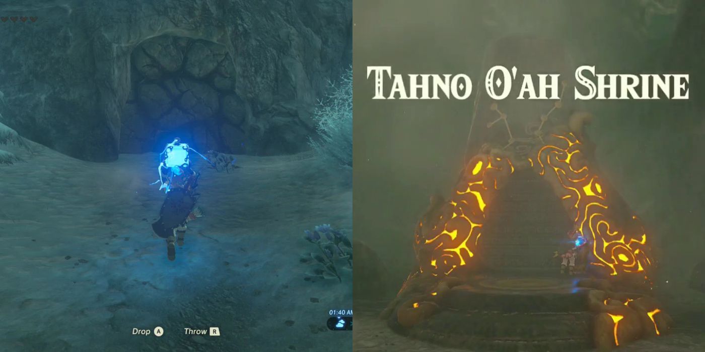 Tautan melemparkan bola cahaya biru di sebelah kiri, dan pintu masuk ke Kuil Tahno O'ah di Zelda: Breath of the Wild di sebelah kanan.