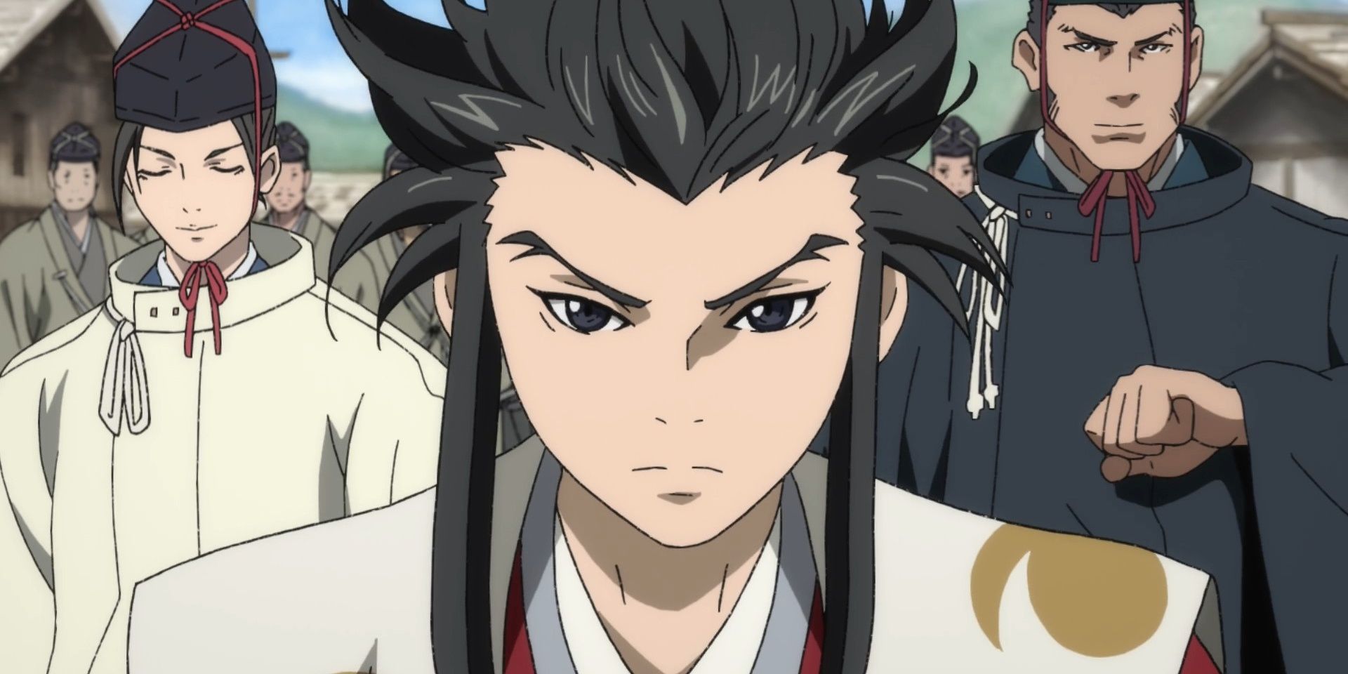 Tahomaru com seus retentores Mutsu e Hyogo atrás dele em Dororo.