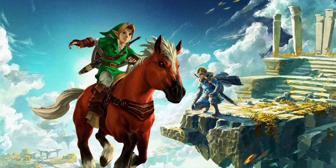 The image of Tears of the Kingdom's key art showing Link looking over the edge of a floating island, overlaid by Ocarina of Time's Link riding Epona.