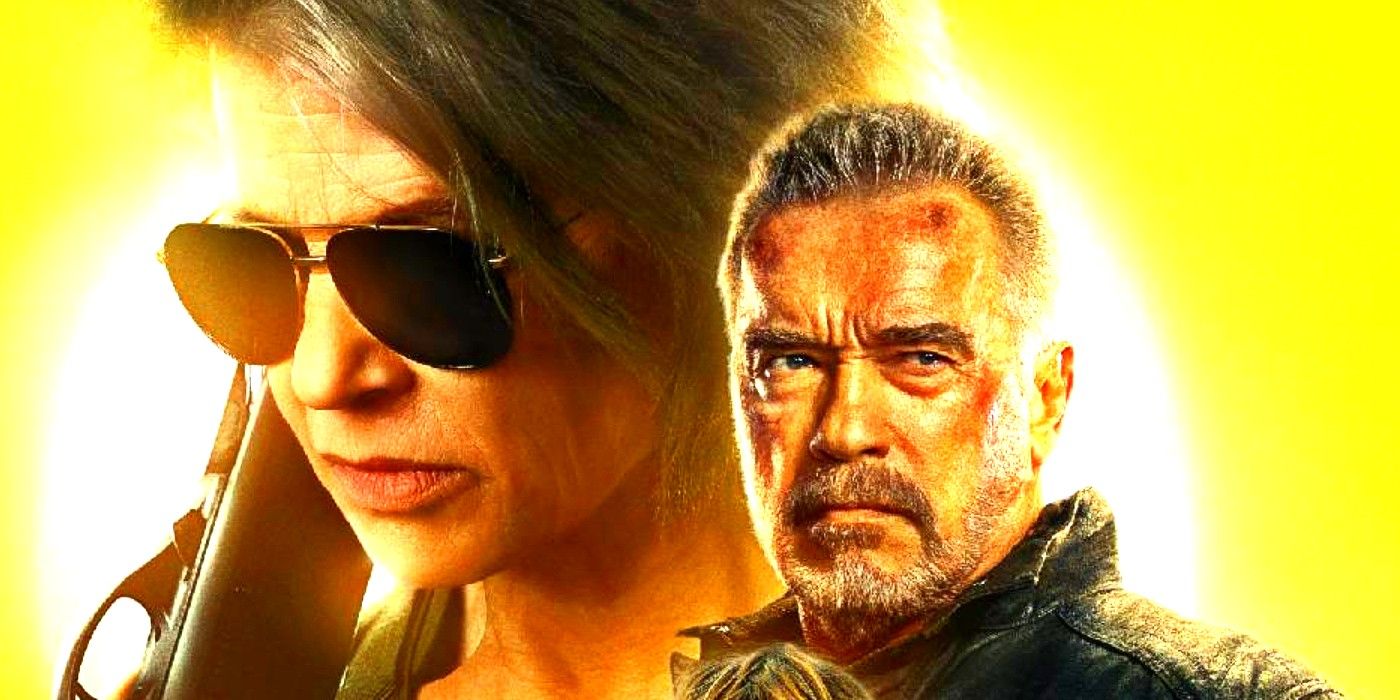 Terminator Dark Fate poster close up with Sarah and the Terminator