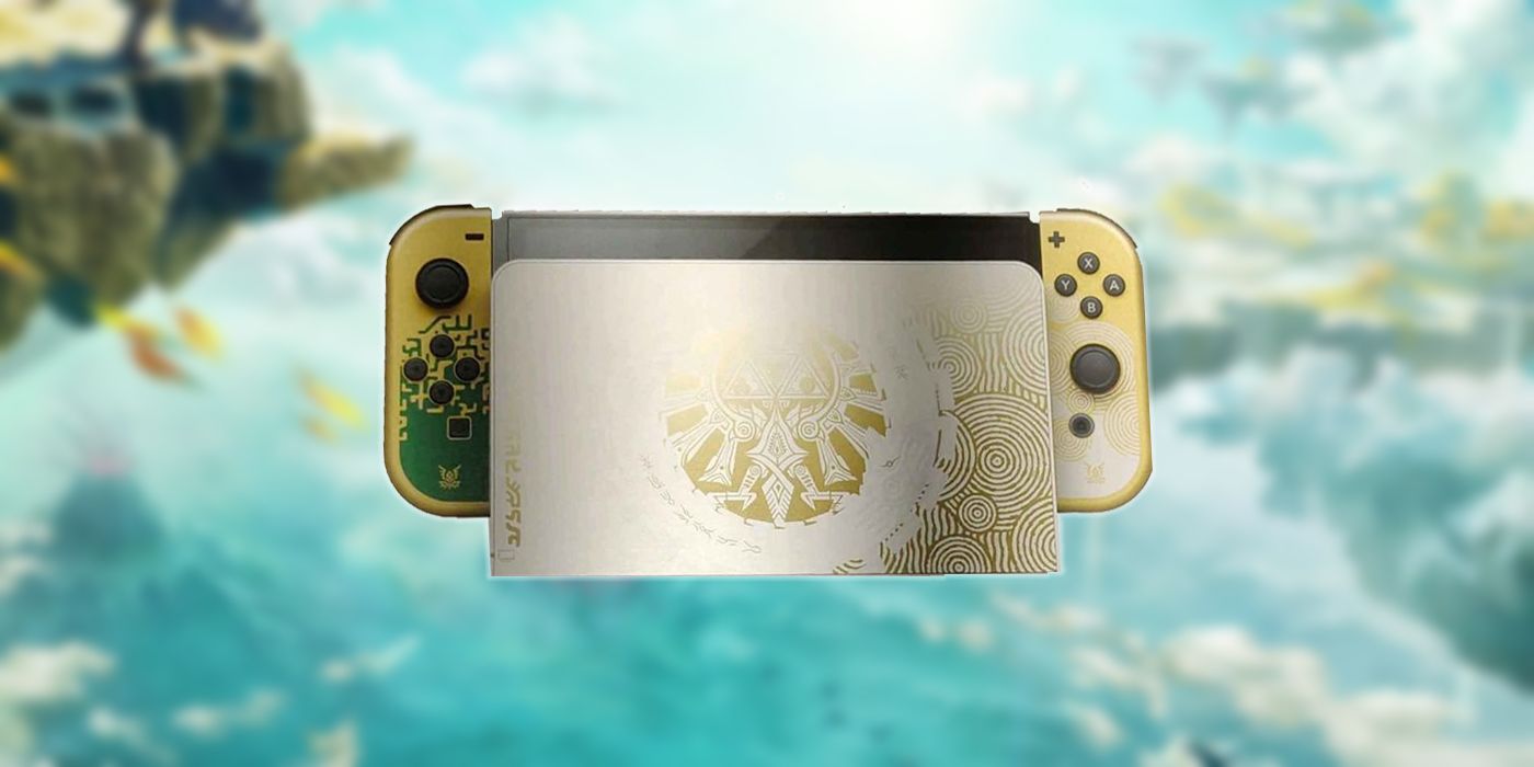 The allegedly leaked photo of a Legend of Zelda Tears of the Kingdom special edition OLED Switch has gold Joy-Cons, and a white TV dock with a Triforce emblem-3