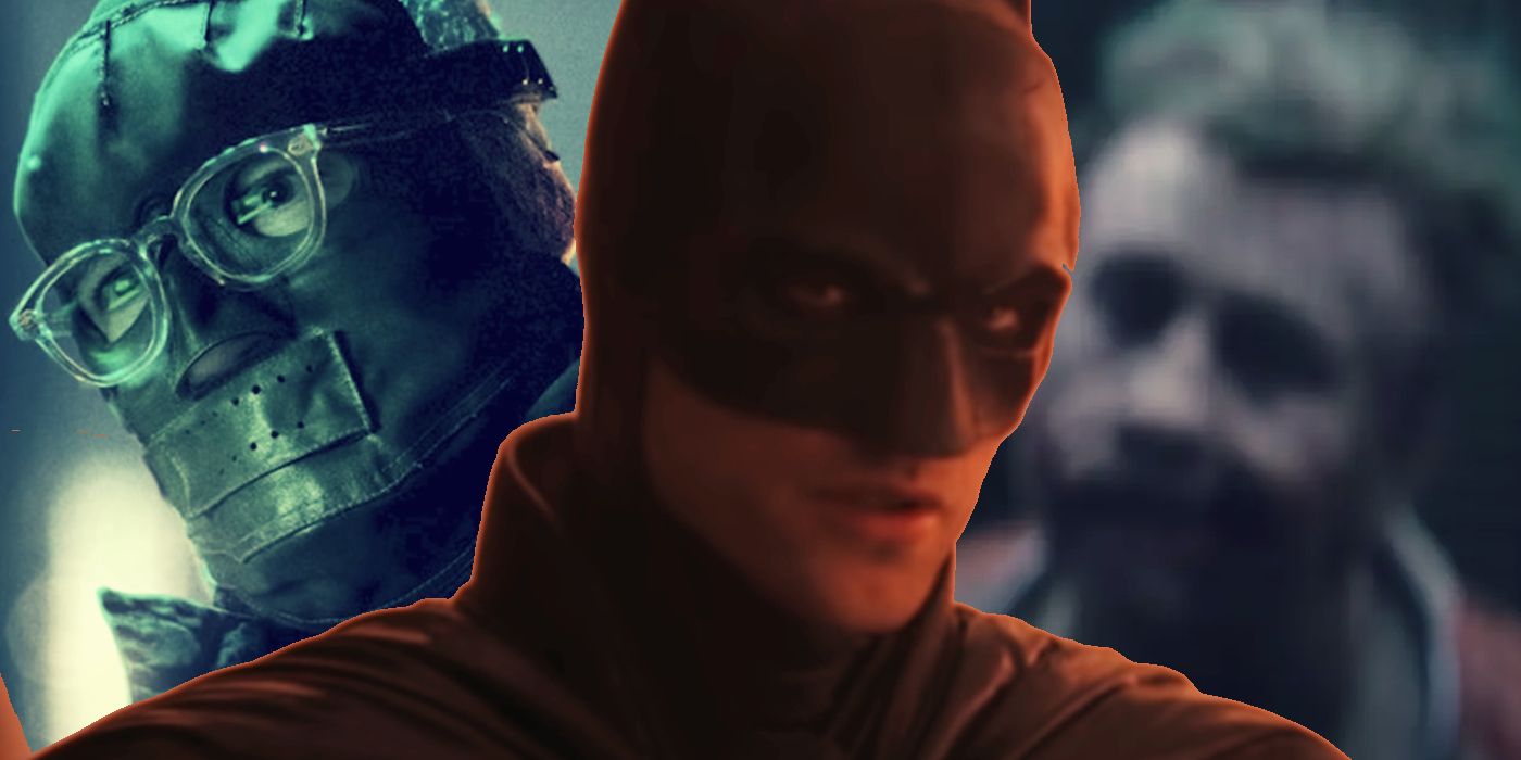 The Riddler (Paul Dano) looms menacingly; Batman (Robert Pattinson) stares at something ahead; The Joker (Barry Keoghan) meets with Batman in prison