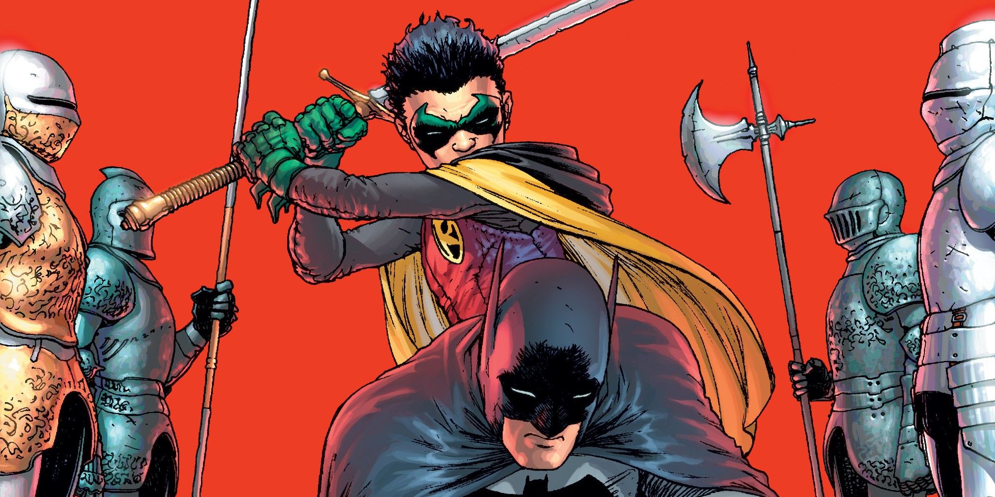 Damien Wayne holds a sword above the head of Batman in The Brave and the Bold DC Comics one sheet