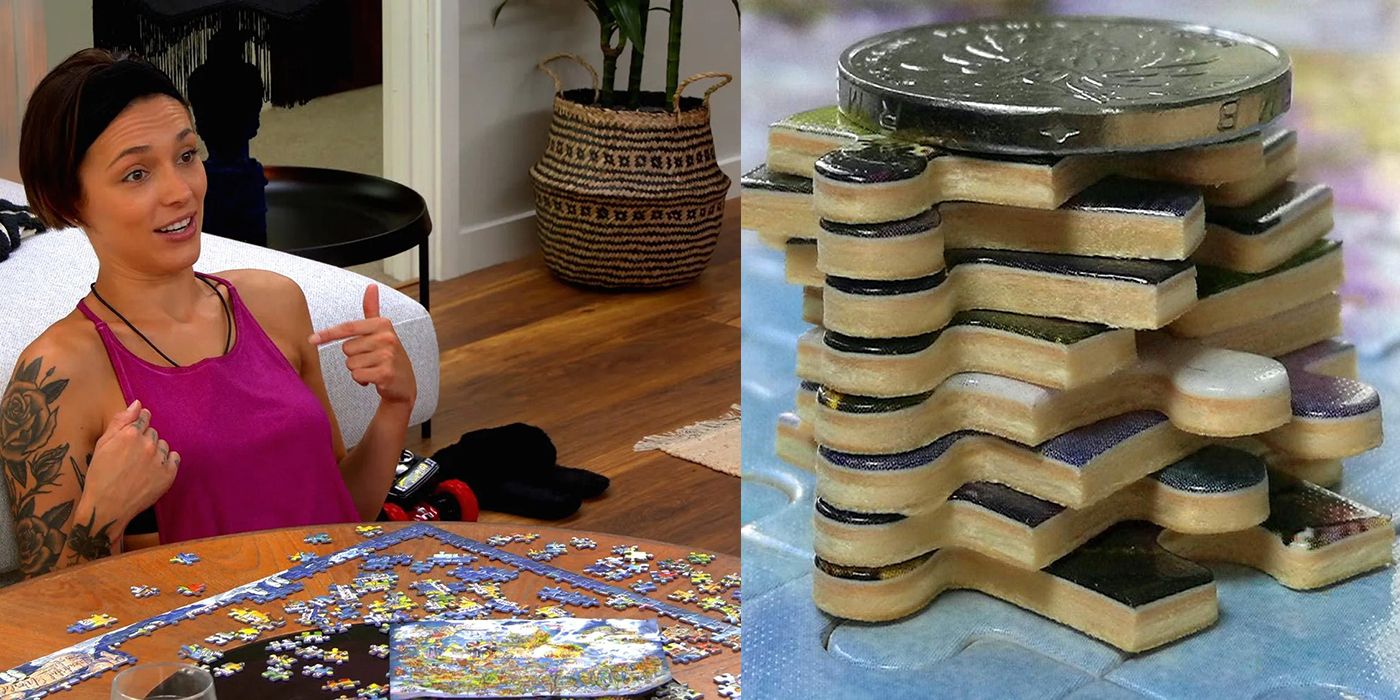 Split image of Miranda from season 1 of The Circle doing a puzzle and a stack of puzzle pieces.