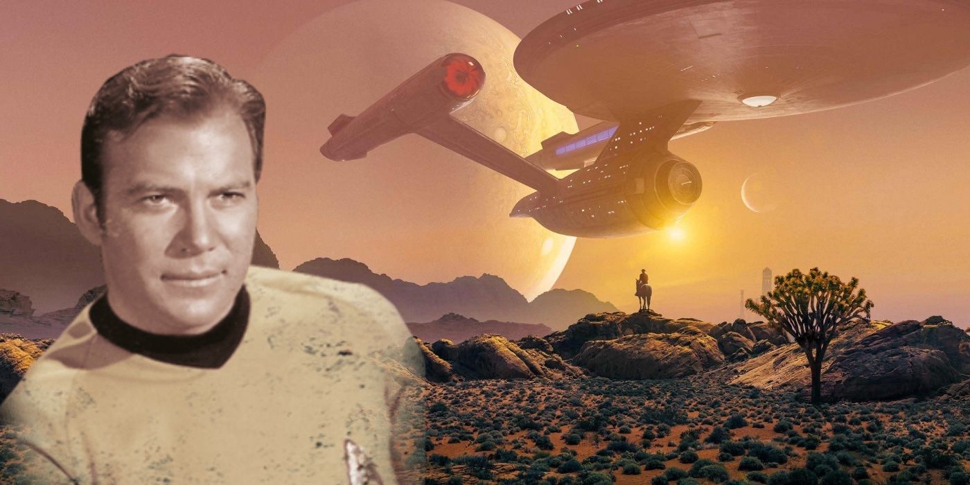 Le Star Trek Enterprise vole avec le capitaine Kirk au premier plan