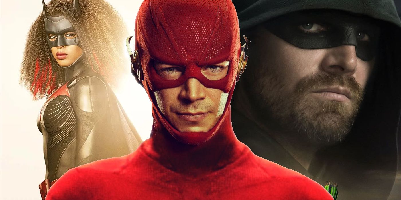 Split Image: Javicia Leslie as Batwoman standing before a bright light; Grant Gustin in his new Flash suit; Green Arrow season 8 poster with Oliver Queen (Stephen Amell)