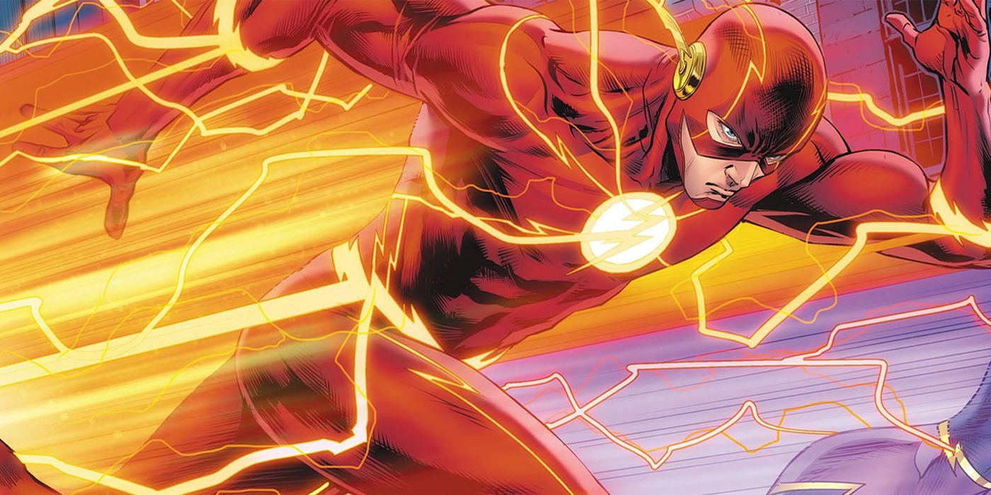 Flash da DC Comics rodando em supervelocidade, cercado por raios gerados pela Speed ​​​​Force.