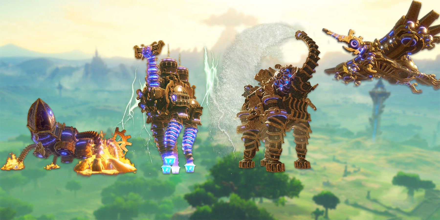 The four mechanized Divine Beasts from Breath of the Wild - the lizard Vah Rudania, the camel Vah Naboris, the elephant Vah Ruta, and the bird Vah Medoh - superimposed on a screenshot of the game's Hyrule.