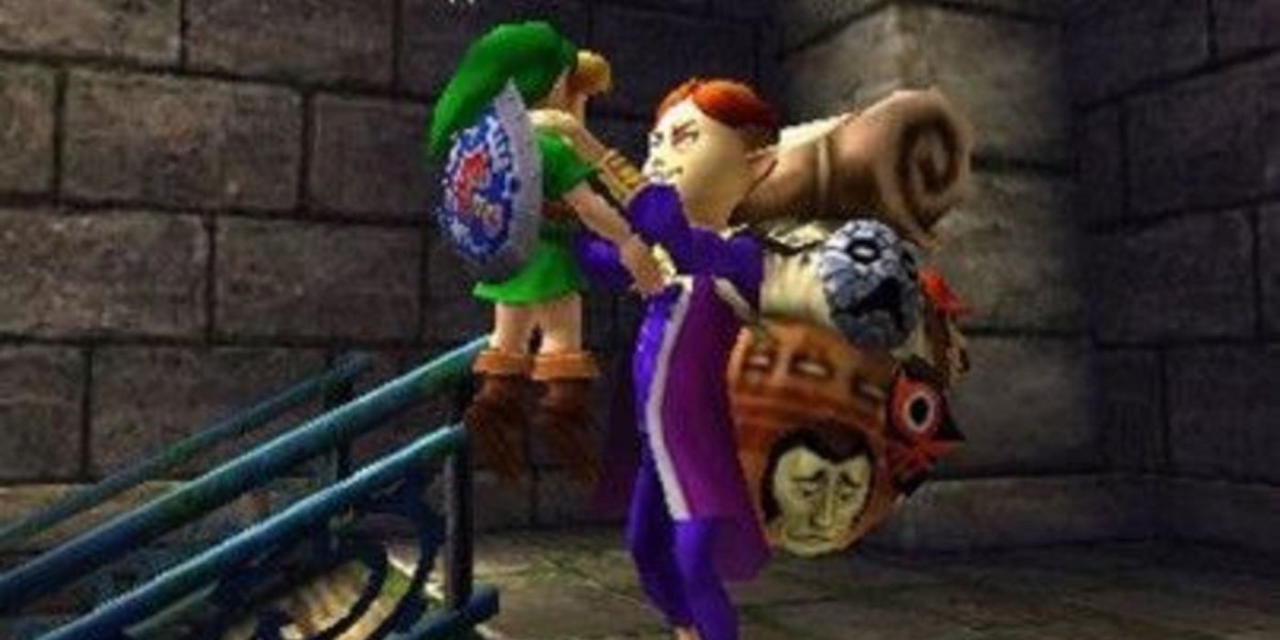 O Happy Mask Salesman levanta um jovem Link na máscara The Legend of Zelda Majoras