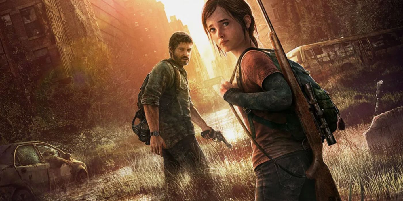Promo art for The Last of Us featuring Ellie and Joel traversing through the city ruins.