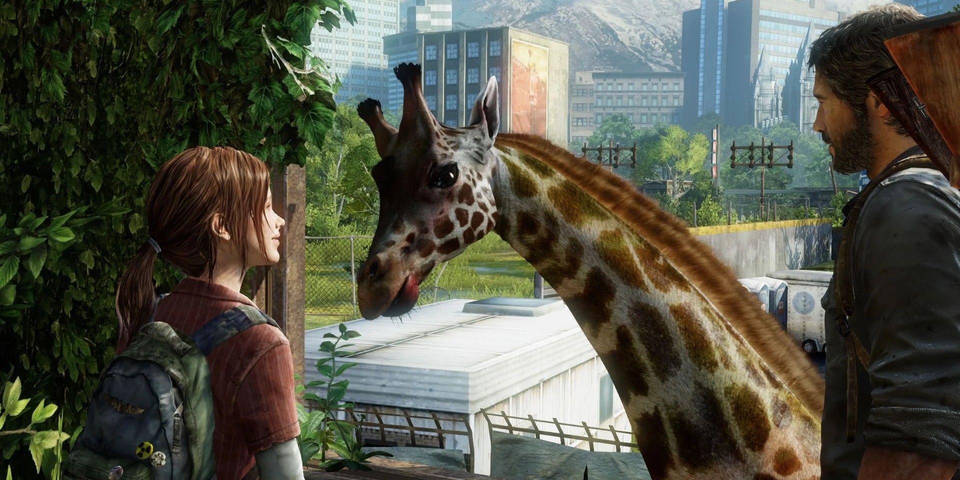 The Last of Us' Ellie, on the left, and Joel, on the right, look at a giraffe, in the middle.