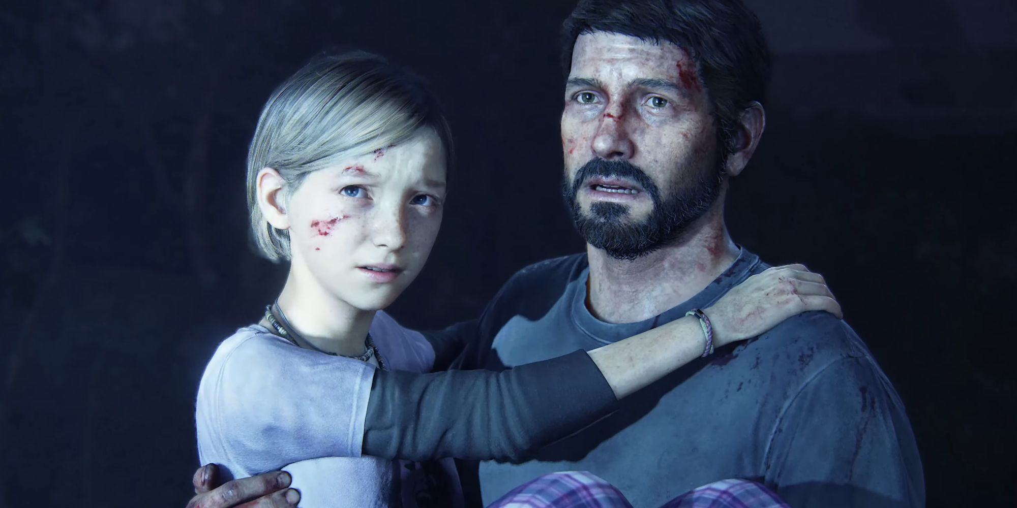 Joel holding Sarah at the beginning of The Last of Us, both being illuminated by a flashlight being held by a soldier off-screen.