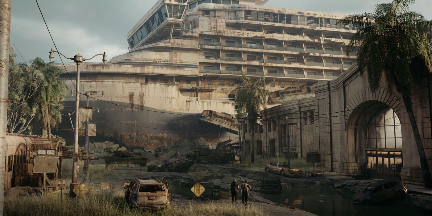 The Last of Us multiplayer concept art depicts two survivors approaching a massive abandoned cruise ship