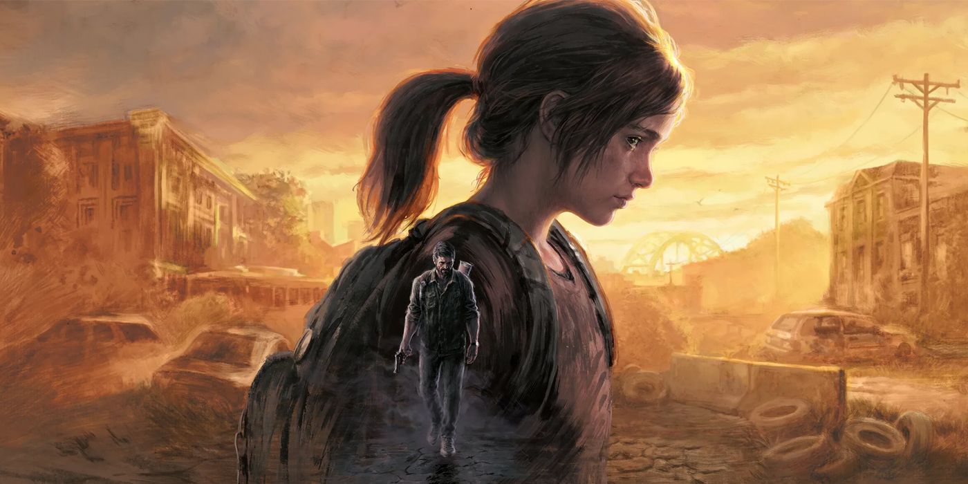 Ellie and Joel with a post-apocalyptic background in The Last Of Us Part 1's cover art.