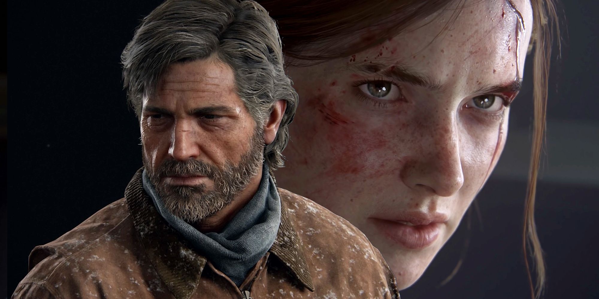 Joel from The Last of Us Part 1 looking solemn next to a close-up of Ellie from The Last of Us Part 2 looking angry with blood running from her forehead.