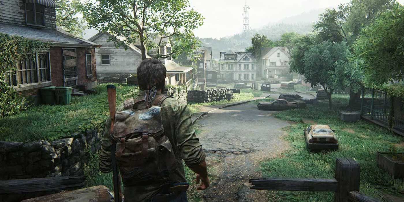 Joel explorando um subúrbio coberto de mato em The Last of Us Part 1
