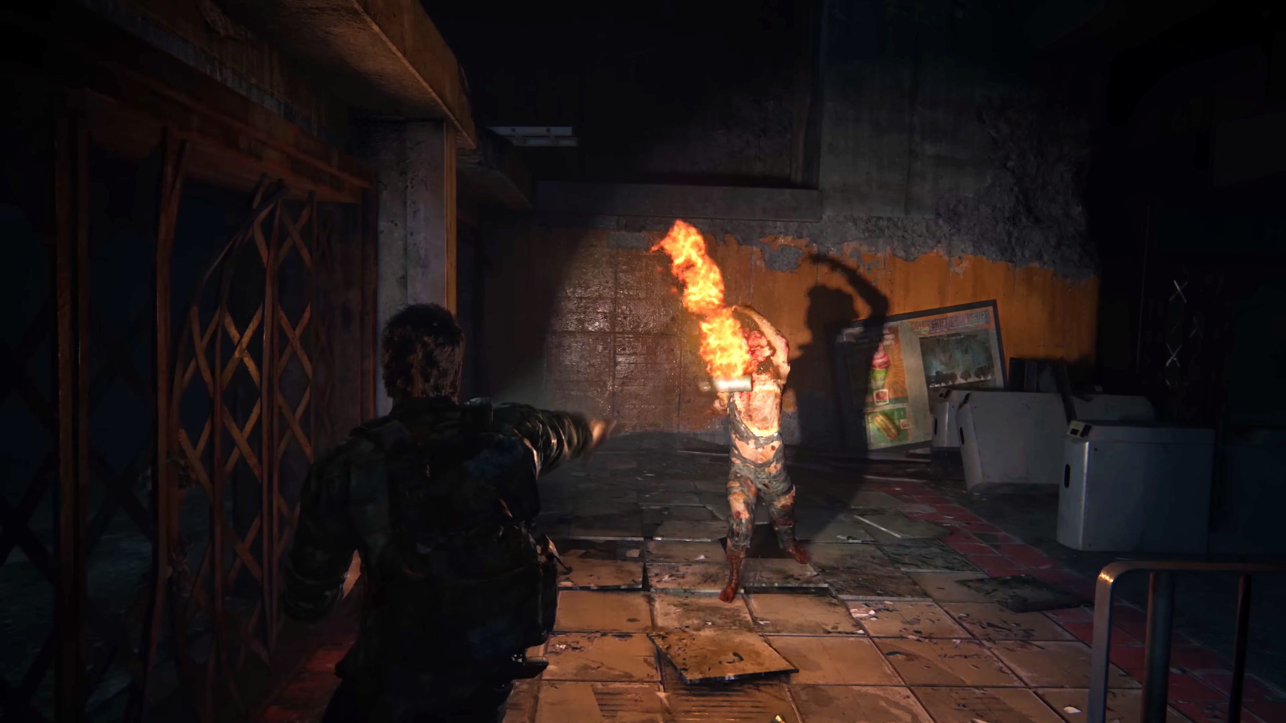 The Last Of Us Part I Joel jogando coquetel molotov em Frenzied Clicker