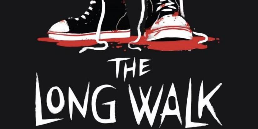 The book cover of The Long Walk by Stephen King, with a pair of unlaced sneakers surrounded by a pool of blood.