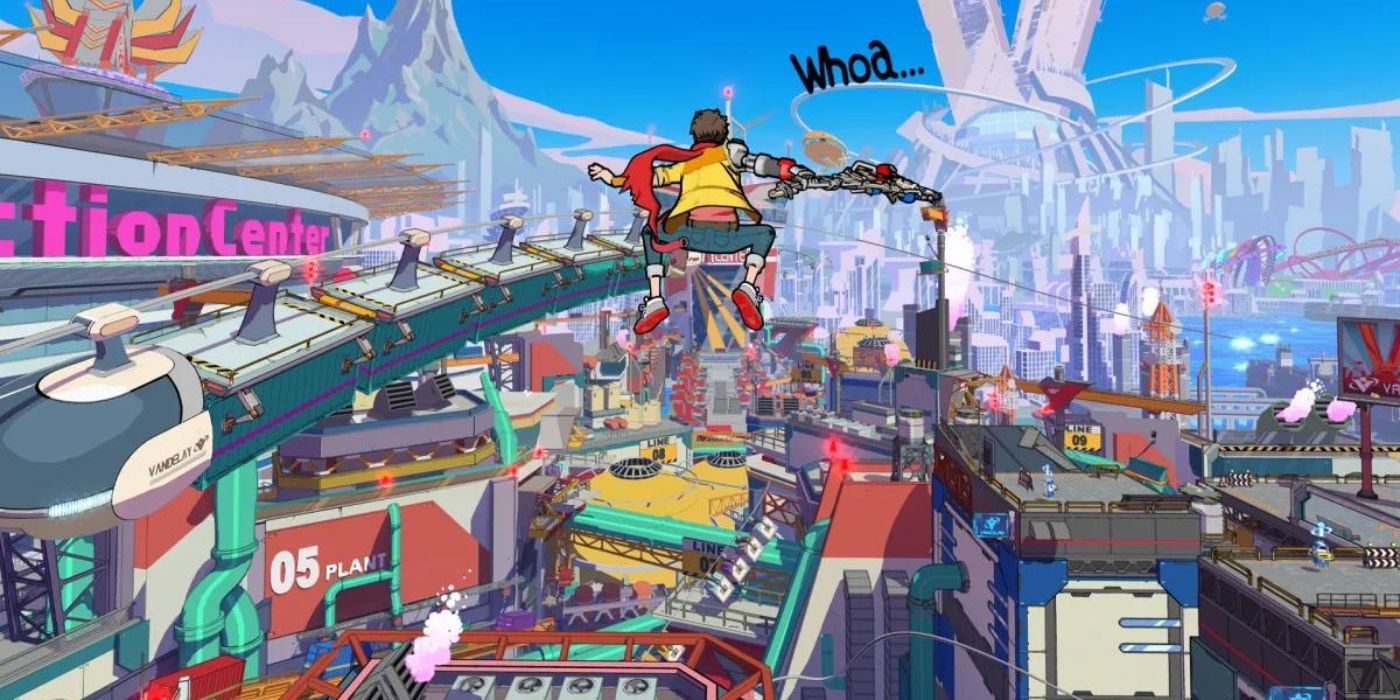 The main character, Chai, is shot up into a bright, colorful urban city in Hi-Fi Rush.