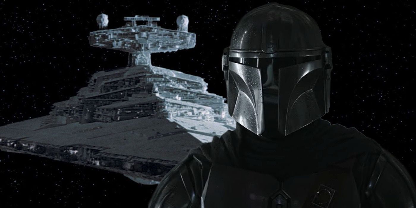 The Mandalorian in front of a Star Destroyer