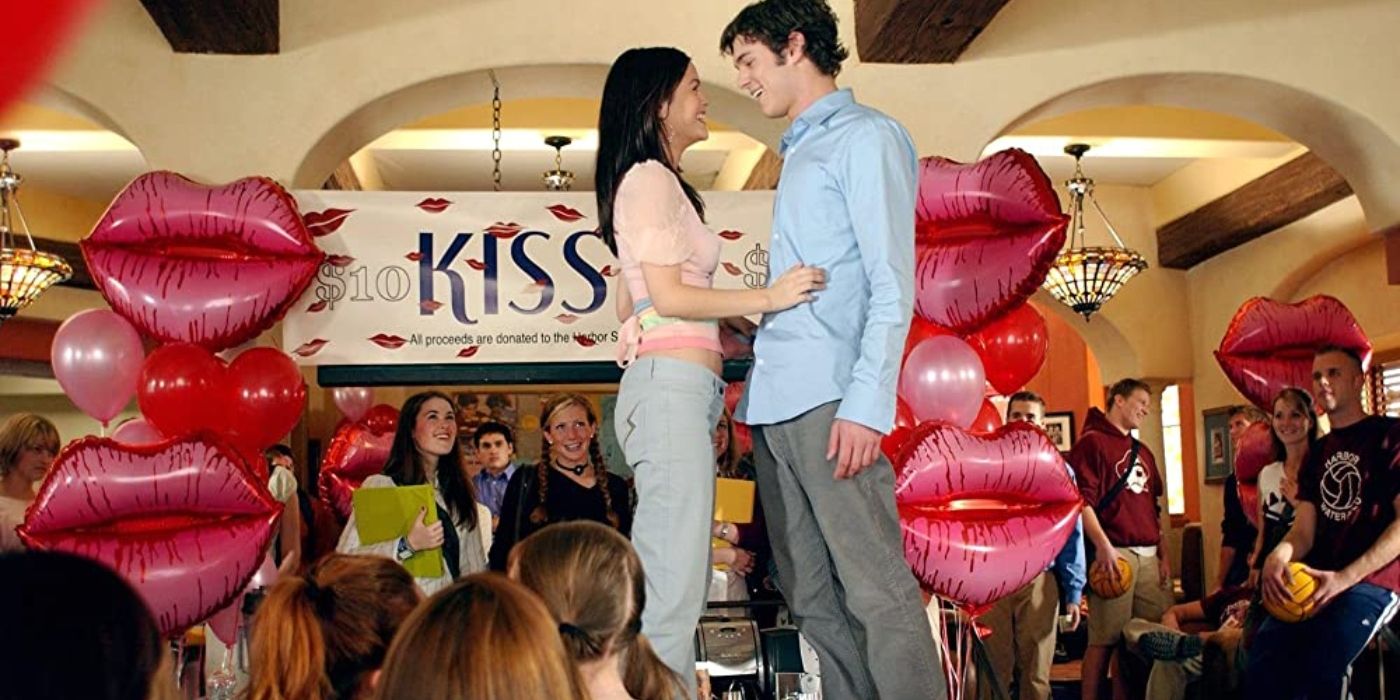 Summer and Seth standing in front of a banner and balloons at school on The O.C.
