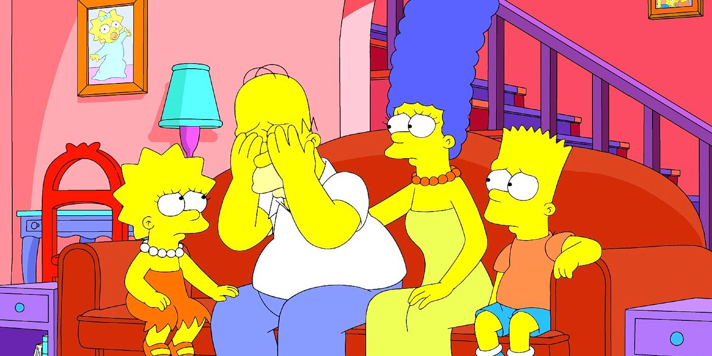 Homer pleure alors que sa famille le console dans Les Simpson