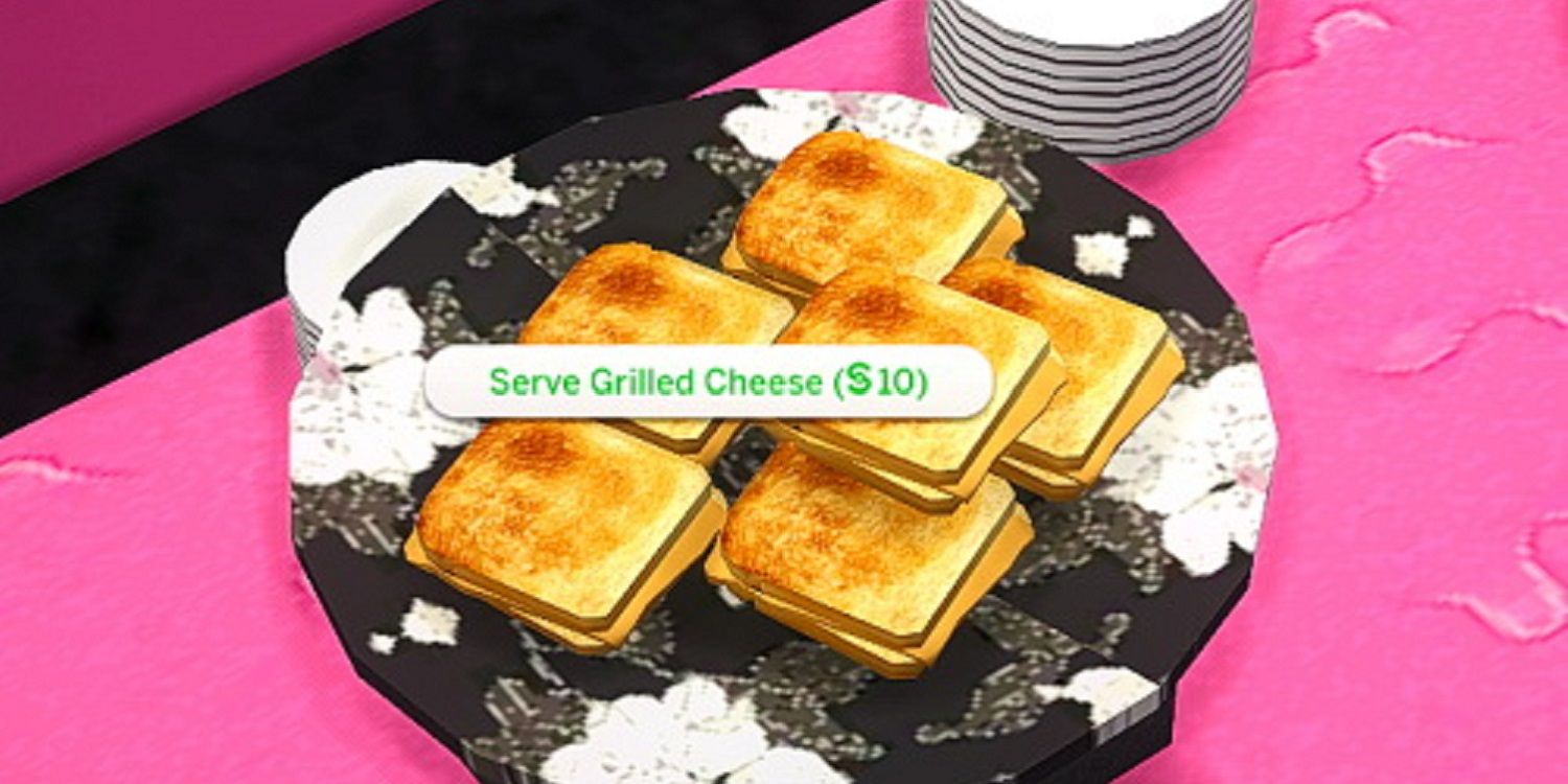 A group meal of grilled cheese ready to be served in The Sims 4