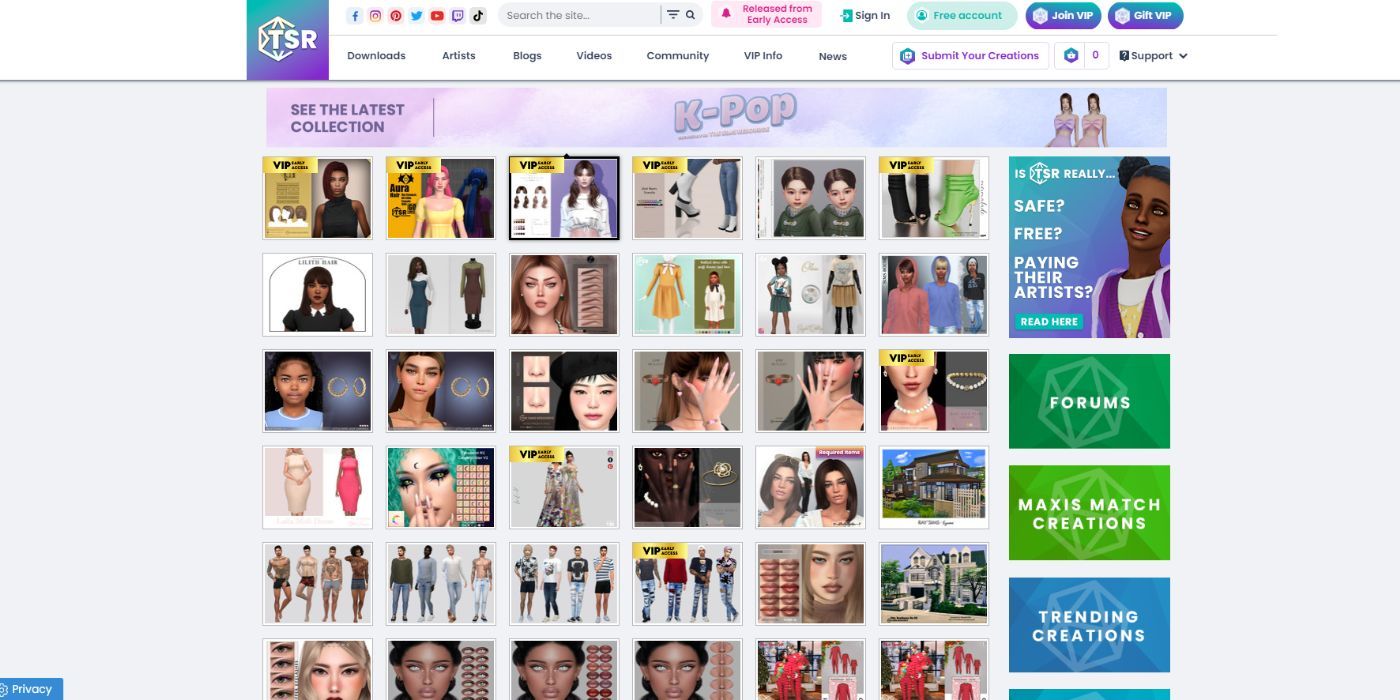 The front page of The Sims Resource with many CC listings.