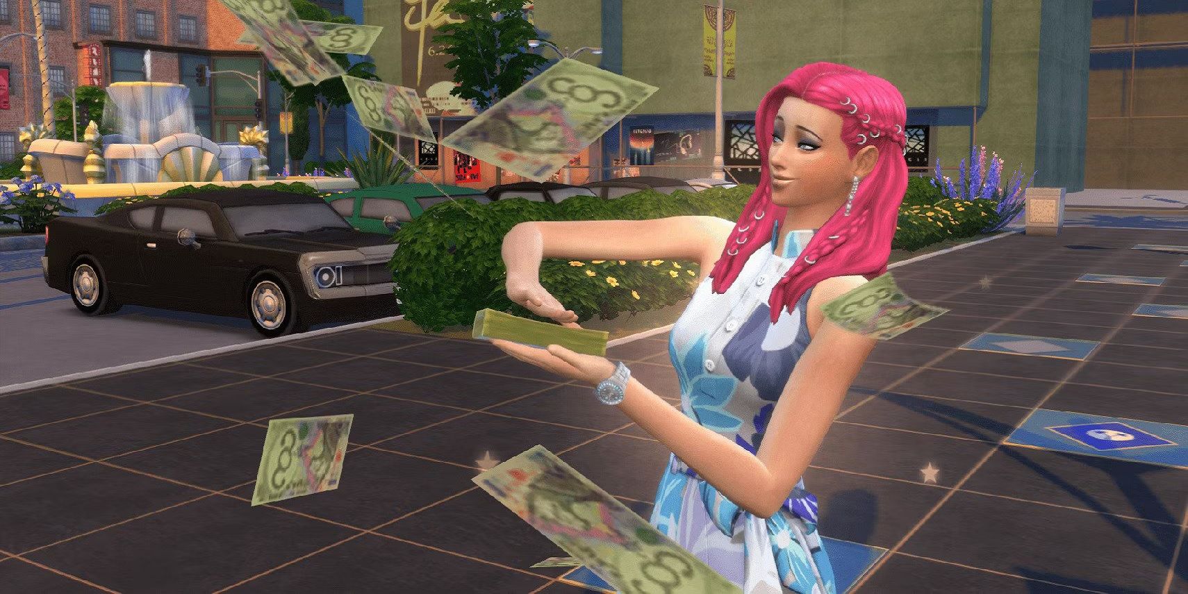 Un Sim aux cheveux roses du jeu Les Sims 4 faisant pleuvoir des simflouz avec un parking en arrière-plan