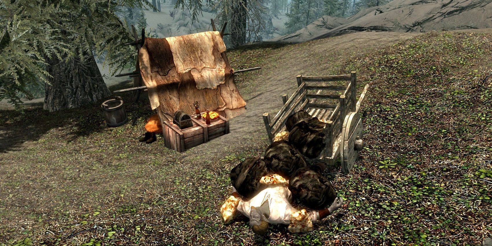 An unfortunate miner lies crushed beneath his cart full of ore in the wilds of Skyrim, just to the left his tent remains stand empty.