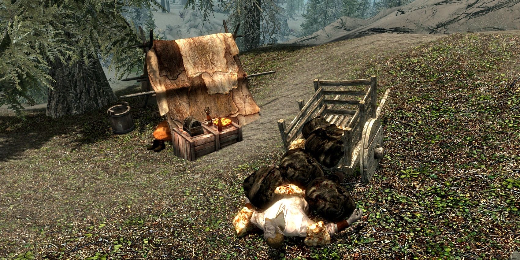 Un desafortunado minero yace aplastado debajo de su carro lleno de mineral en la naturaleza de Skyrim, justo a la izquierda, su tienda permanece vacía.