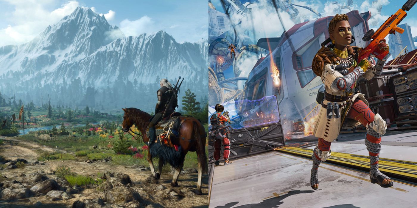 Imagem dividida da jogabilidade de The Witcher 3 e Apex Legends.