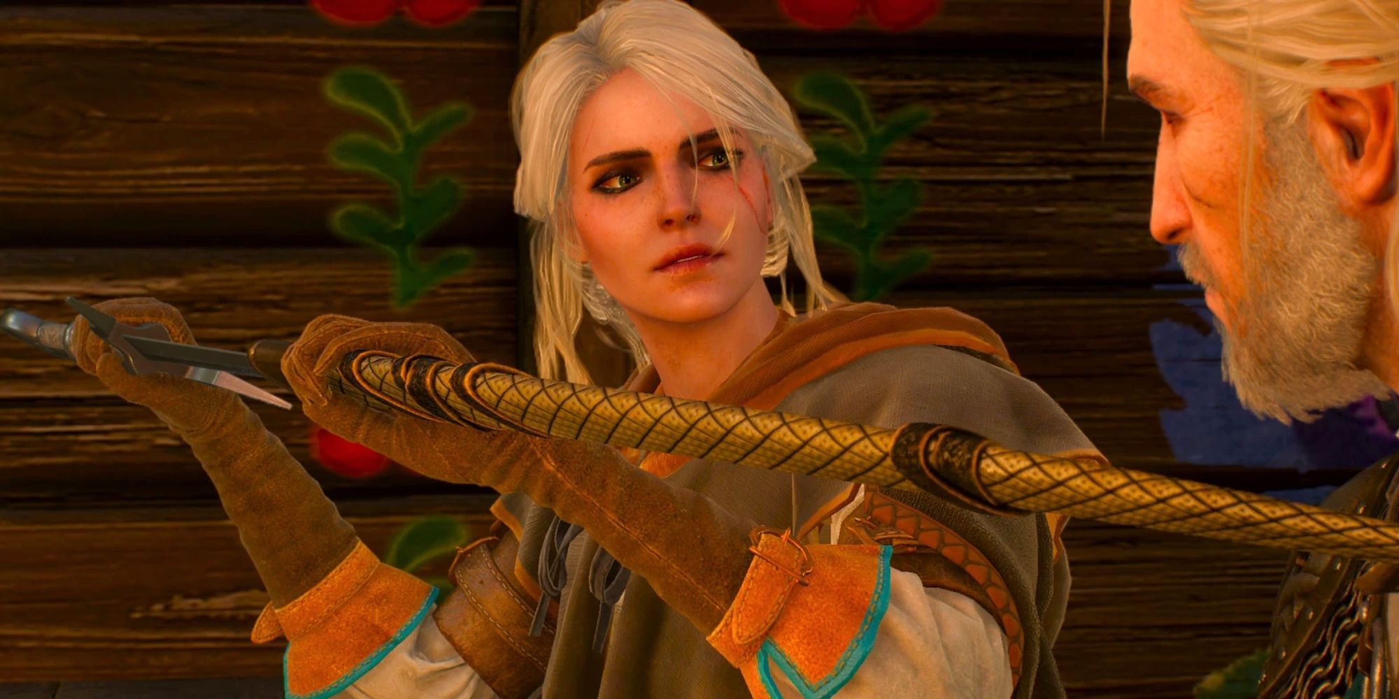 Imagem de Ciri desembainhando a espada Witcher que Geralt a presenteou enquanto observa.