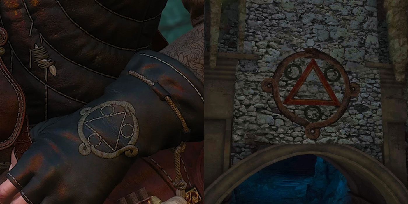 An image of the ouroboros symbol on Regis' glove and the door to the Vampire world in The Witcher 3.