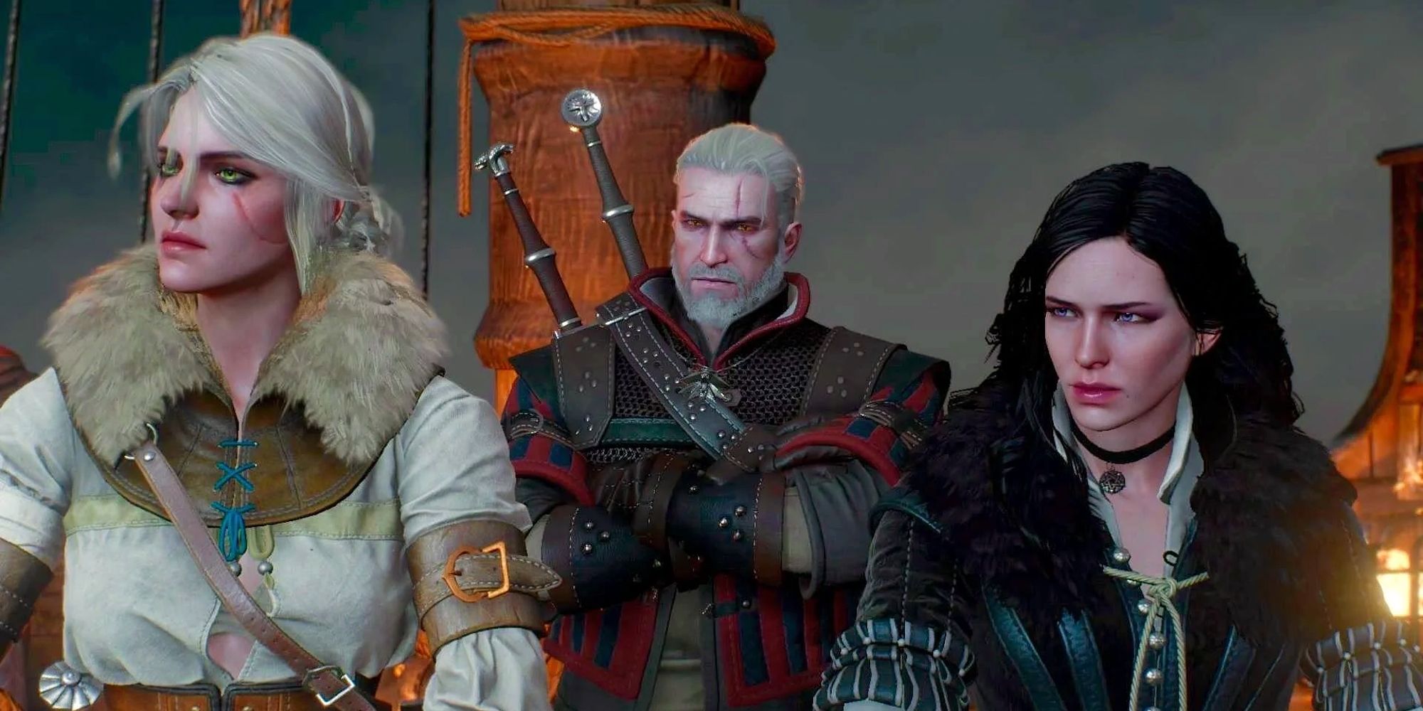 Imagem de Ciri, Yennefer e Geralt a bordo de um navio olhando em direção ao seu destino.