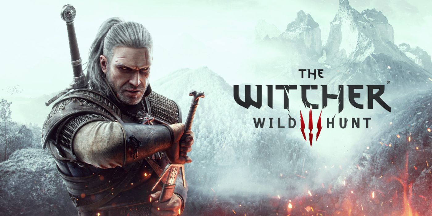 Arte promocional de The Witcher 3 com Geralt of Rivia desembainhando sua espada.