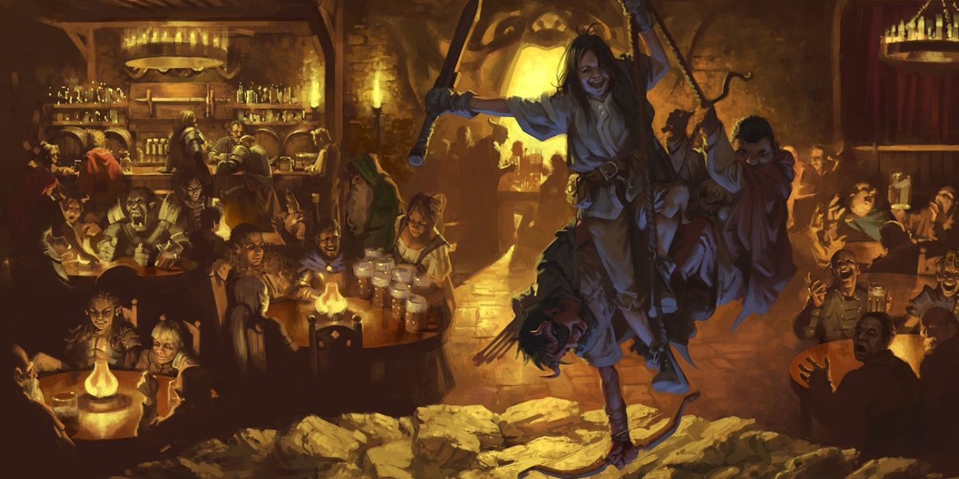 Many patrons of the Yawning Portal tavern watch a trio attempting to go into the dungeons below